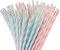 Light Pink Blue White Paper Straws Bulk, 100 Biodegradable Party Straws for Boy Girl Baby Shower, Gender Reveal, Birthday, Wedding and Celebrations